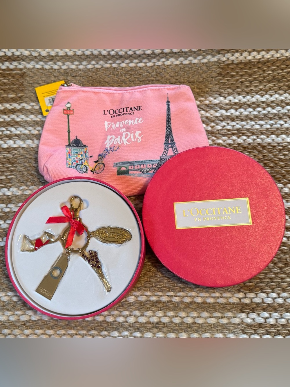 L'OCCITANE Pink Paris Cosmetic Pouch with Gold Charm Keychain Set